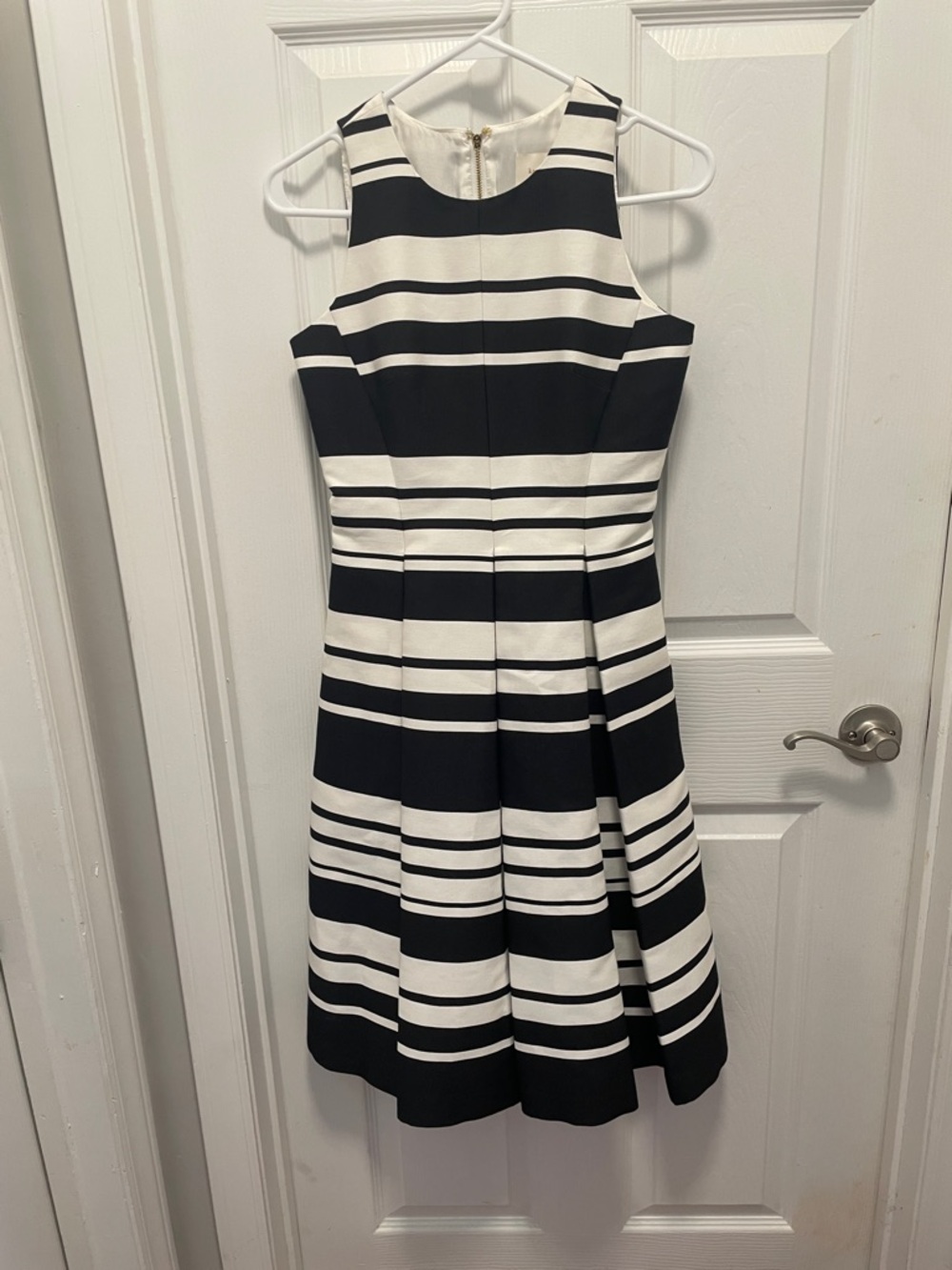 NWT-Kate Spade Black and White Striped Sleeveless Midi flare dress.